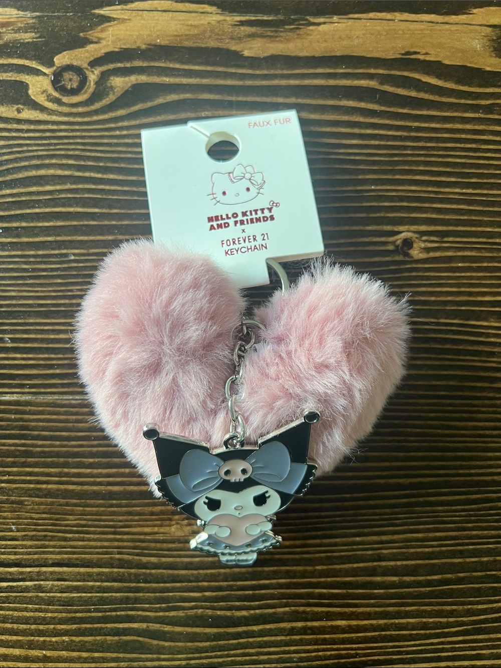 Forever 21 Pink Faux Fur Heart Keychain with Kuromi Charm